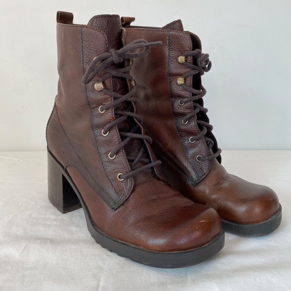 VTG 90s Y2K Bass Lauren Brown Leather Chunky Block Heel Combat Boots Bratz 7M